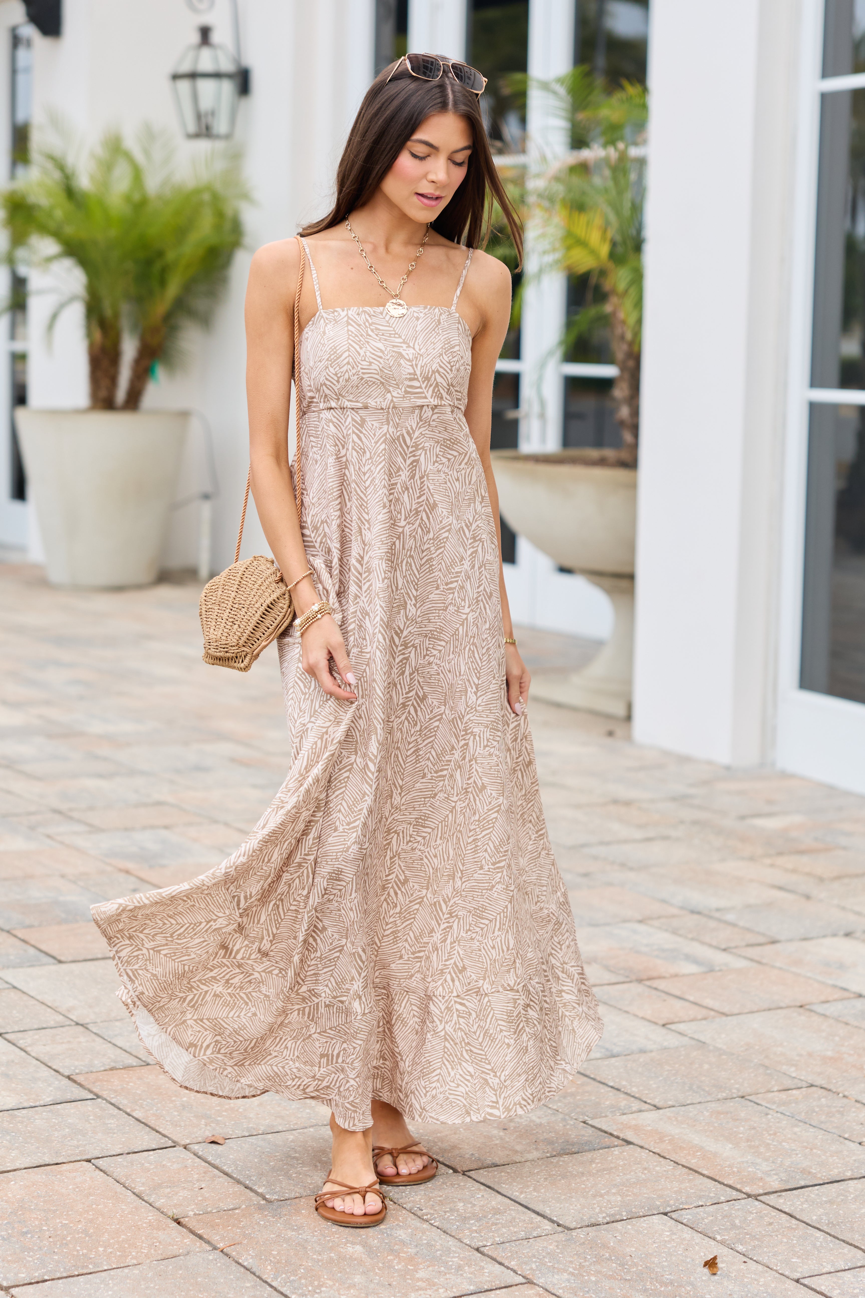 pink lily maxi dress Adele Natural Palm Print Maxi Dress