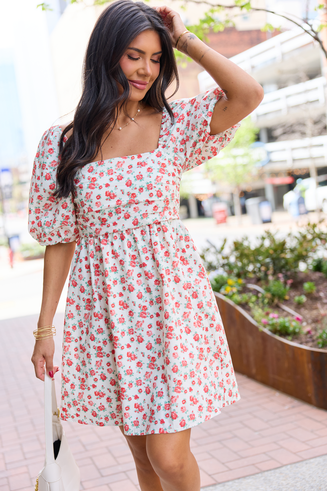 pink lily red dress I'm Just A Girl Ivory and Red Rosette Printed Mini Dress FINAL SALE M
