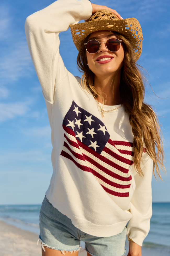 Home Of The Free Ivory Textured Flag Sweater Home Of The Free Ivory Textured Flag Sweater