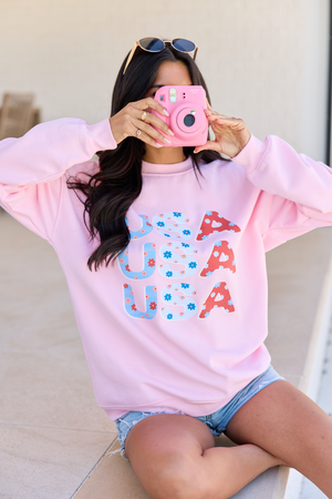 USA Floral Light Pink Oversized Graphic Sweatshirt DOORBUSTER