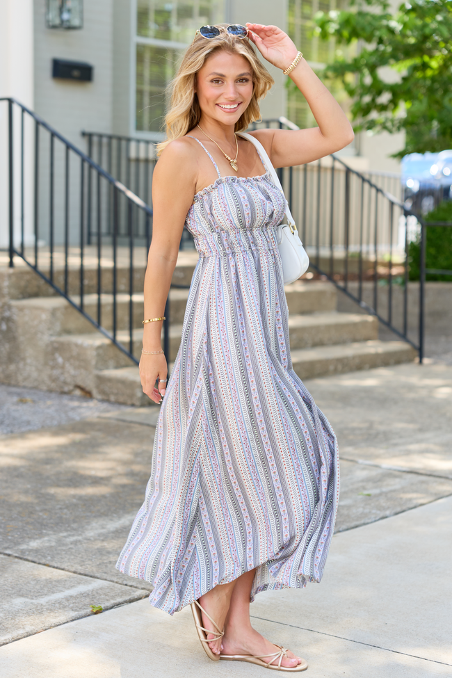 blue stripe floral dress Celine Blue Striped Floral Corset Maxi Dress XL