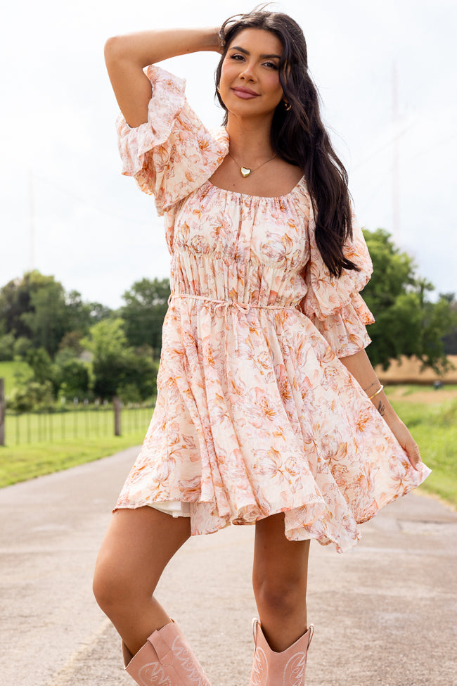 Misty Pink Floral Ruffle Sleeve Printed Dress