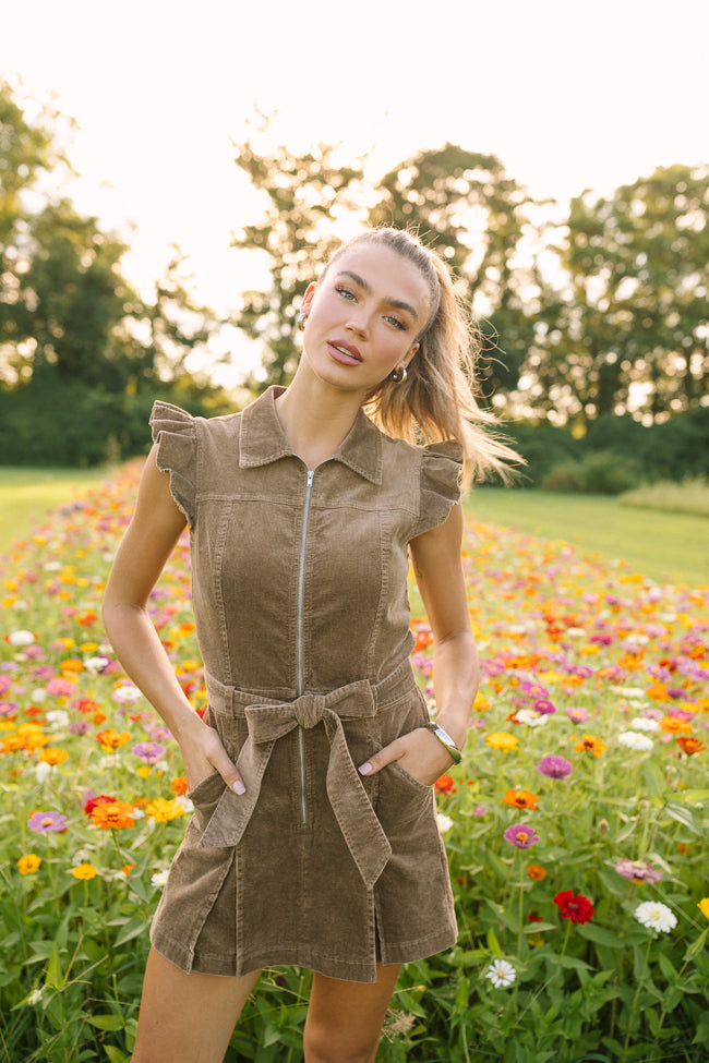 Amelie Brown Corduroy Ruffle Sleeve Romper