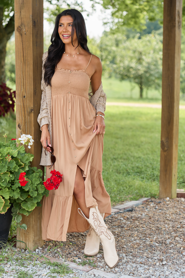 Blooming Beauty Solid Button Up Midi Dress Taupe
