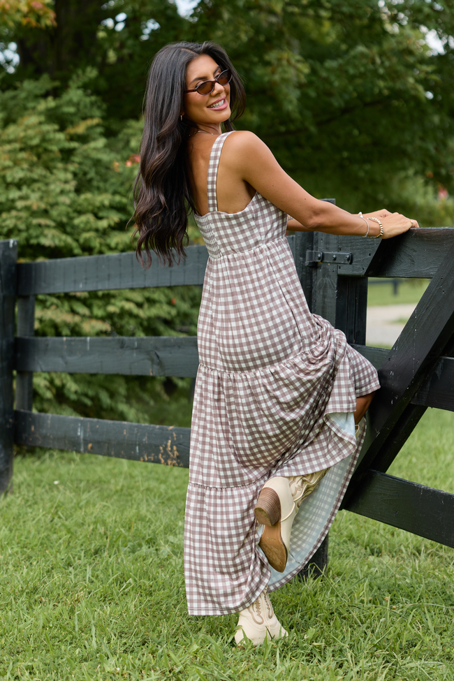 Pink Lily Time For Something Gingham Knit Maxi Dress Taupe