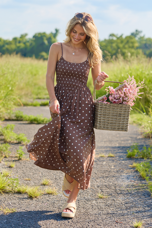 Warm Embrace Brown Polka Dot Smocked Midi Dress