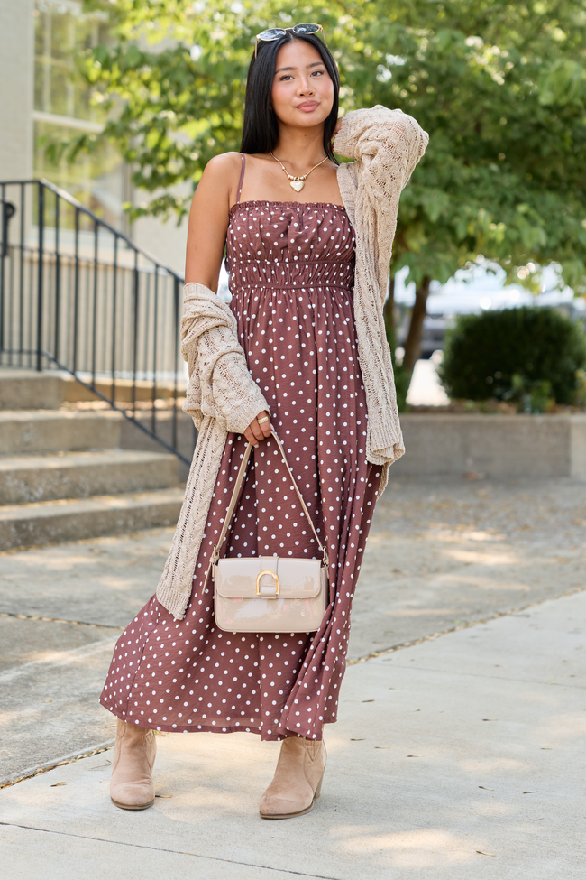 Lovingly Yours Polka Dot Midi Dress Brown