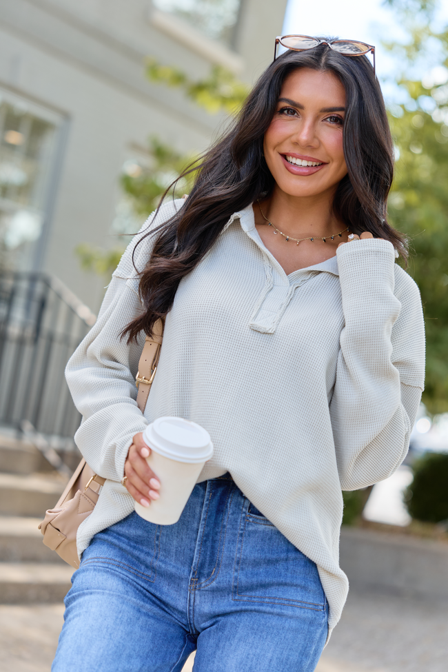All The While Waffle Knit Oversized Long Sleeve Top Beige DOORBUSTER