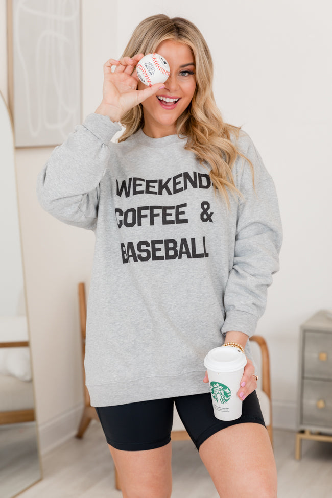 Weekends Coffee and Baseball Light Grey Oversized Graphic Sweatshirt