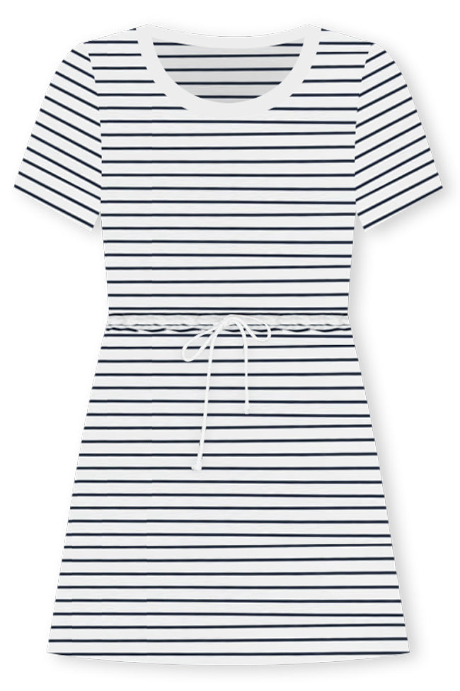 A Little Getaway White and Black Striped T-Shirt Dress
