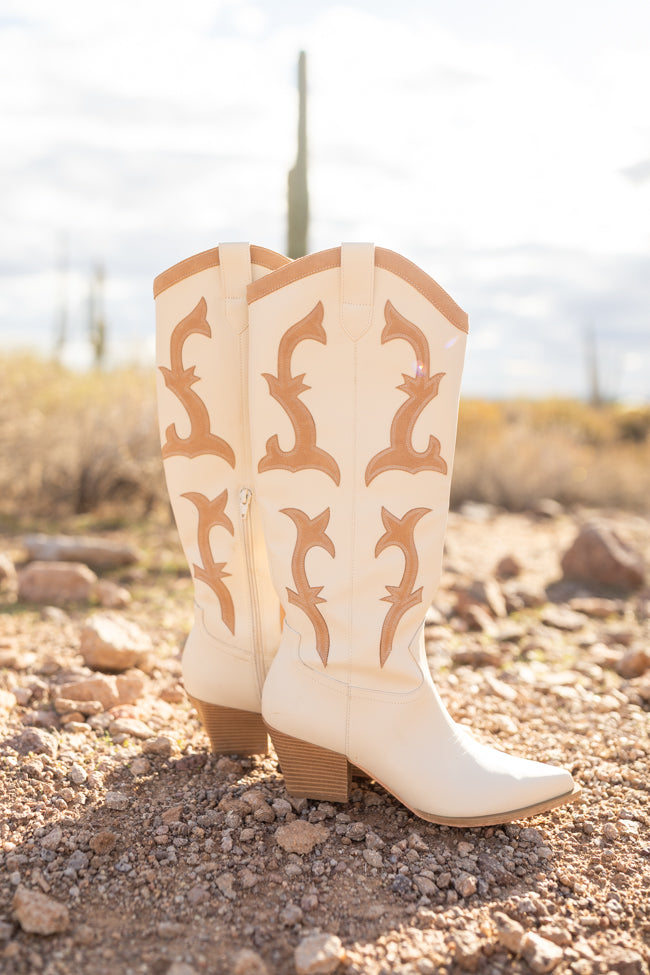 pink lily white boots Pink Lily Adriana Beige Cowboy Boots / Multi