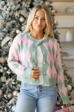 Peyton Long Sleeve Pink and Mint Argyle Cardigan