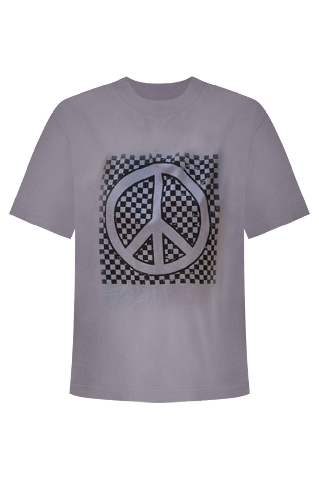 Checkered Peace Grey Oversized Graphic Tee