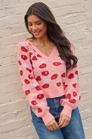 Amara Long Sleeve Blush Floral V Neck Sweater FINAL SALE