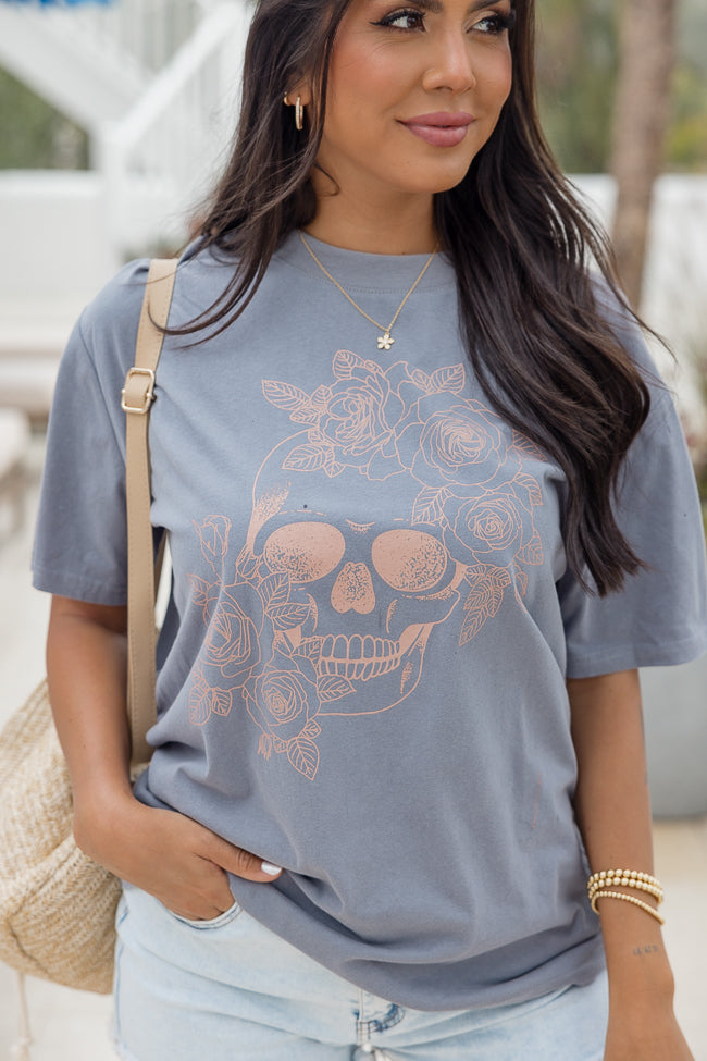 Floral Skull Grey Oversized Graphic Tee