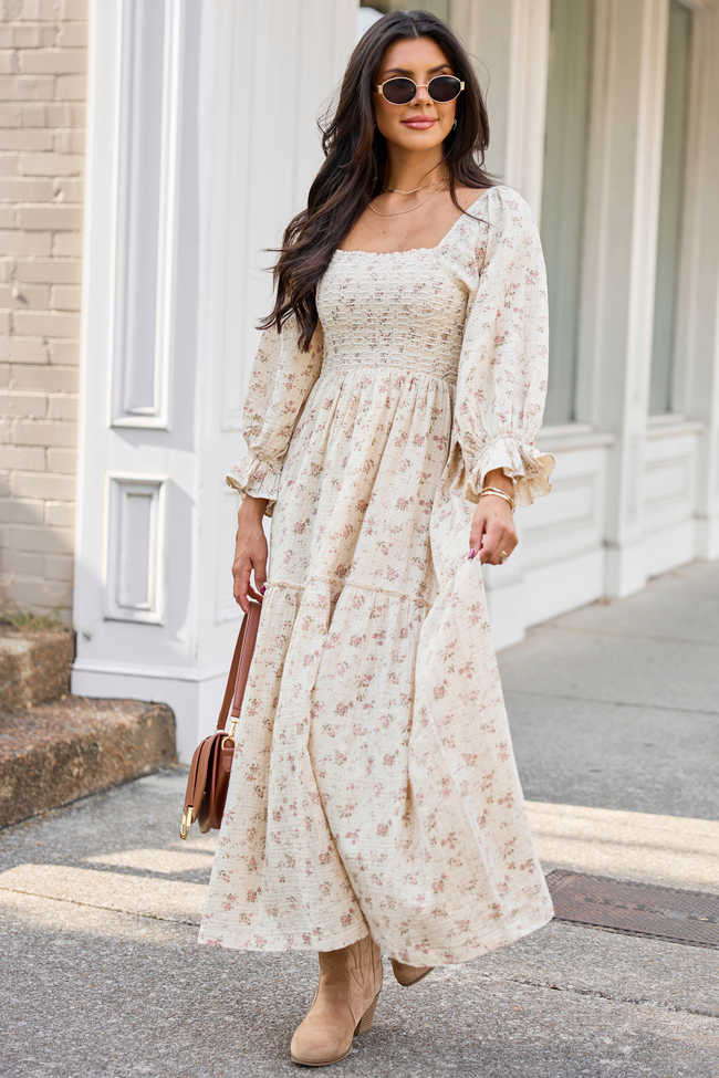 Thalia Ivory/Purple Floral Smocked Top Maxi Dress