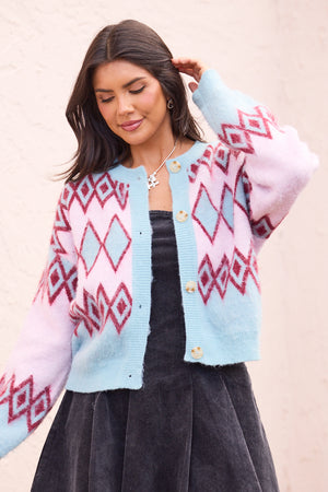 Mary Ellen Blue And Pink Fair Isle Cardigan FINAL SALE