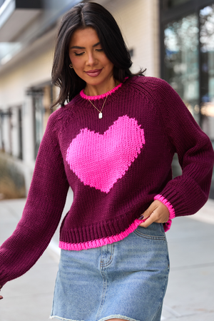 Cheyanne Burgundy And Pink Heart Crewneck Sweater FINAL SALE