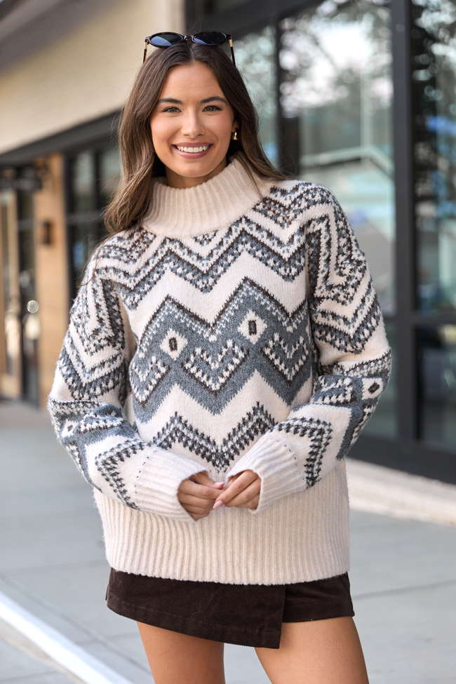 Maralyn Grey And Cream Fair Isle Oversized Turtleneck Sweater