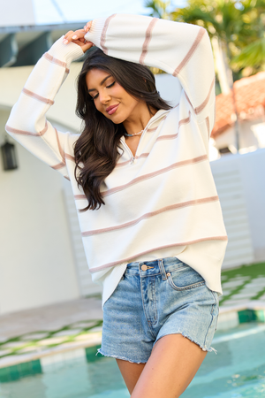 Sunday Stripe Club White And Taupe Quarter Zip