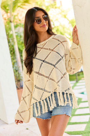 Fawna Taupe Fringe Crewneck Sweater