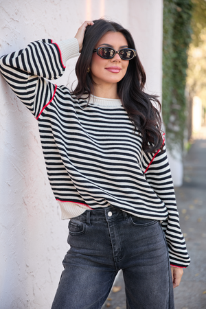 Kate Black And Taupe Striped Crewneck Sweater