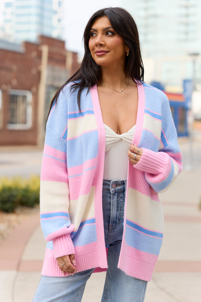 Pink Lily Sidney Pink And Blue Stripe Cardigan