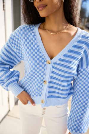 Samara Checkered And Stripes Blue Cardigan