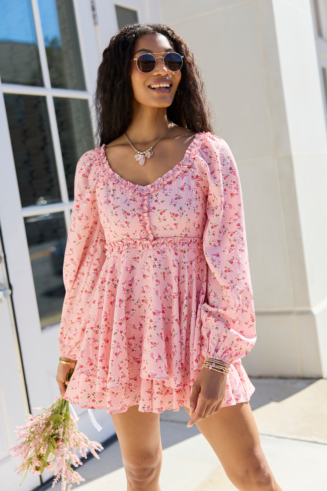Farah Pink Floral Ruffle Trim Romper M