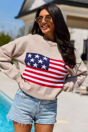 Home Of The Free Taupe Textured Flag Sweater