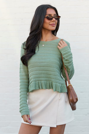 Charlotte Sage Green Open Knit Ruffle Trim Sweater Top
