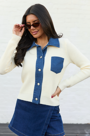 Elizabeth Denim And Ivory Collared Cardigan
