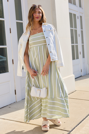 Come Sail Away Sage Striped Maxi Dress