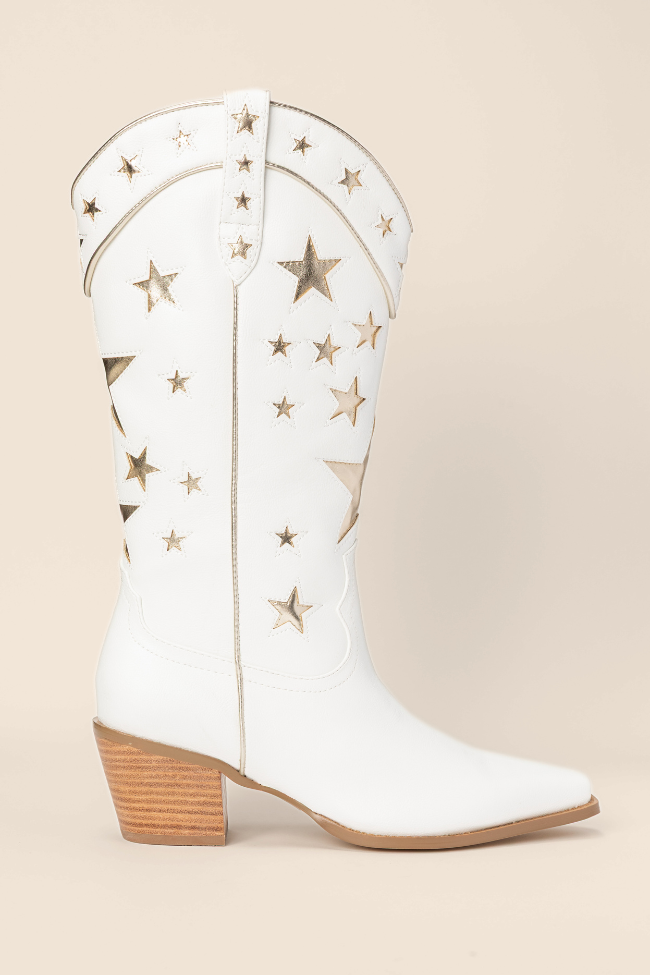 Leather White Star Booties Womens White Star Embroidered PU
