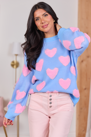 I'll Be There Blue and Pink Fuzzy Heart Sweater