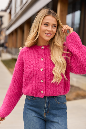 Taye Hot Pink Chunky Boucle Cardigan