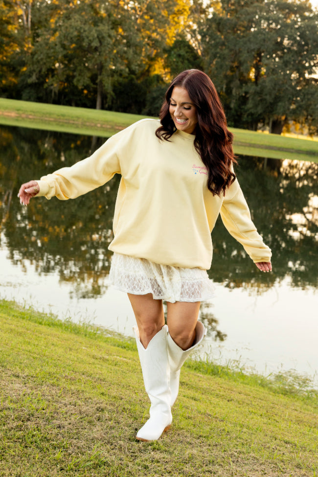 What's The Best That Could Happen Yellow Graphic Sweatshirt Heather De