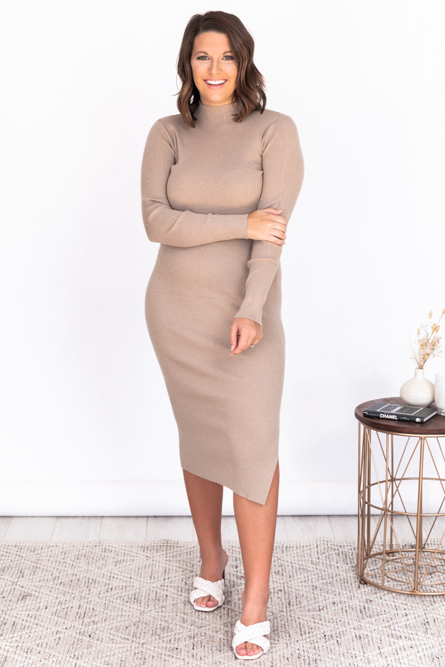 Any Other Night Taupe Mock Neck Ribbed Midi Dress FINAL SALE