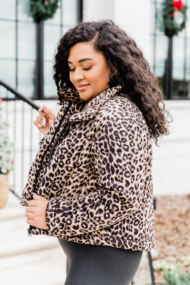 Make You Believe Brown Cropped Animal Print Puffer Jacket FINAL SALE