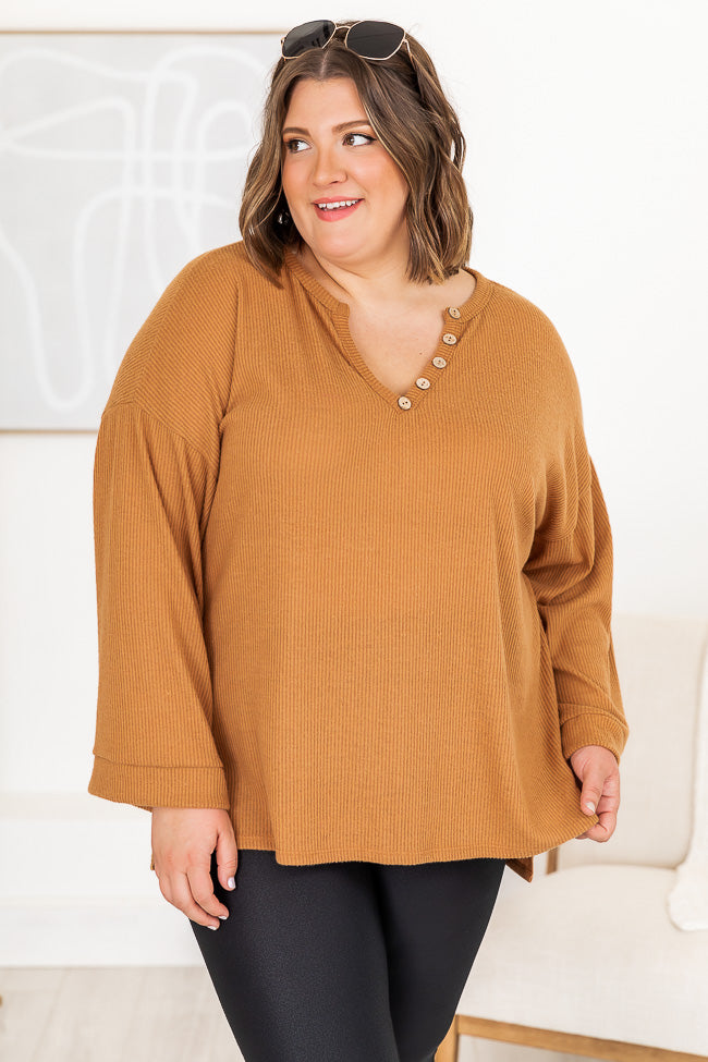 Been Here Waiting Camel Slouchy Brushed Henley Blouse FINAL SALE