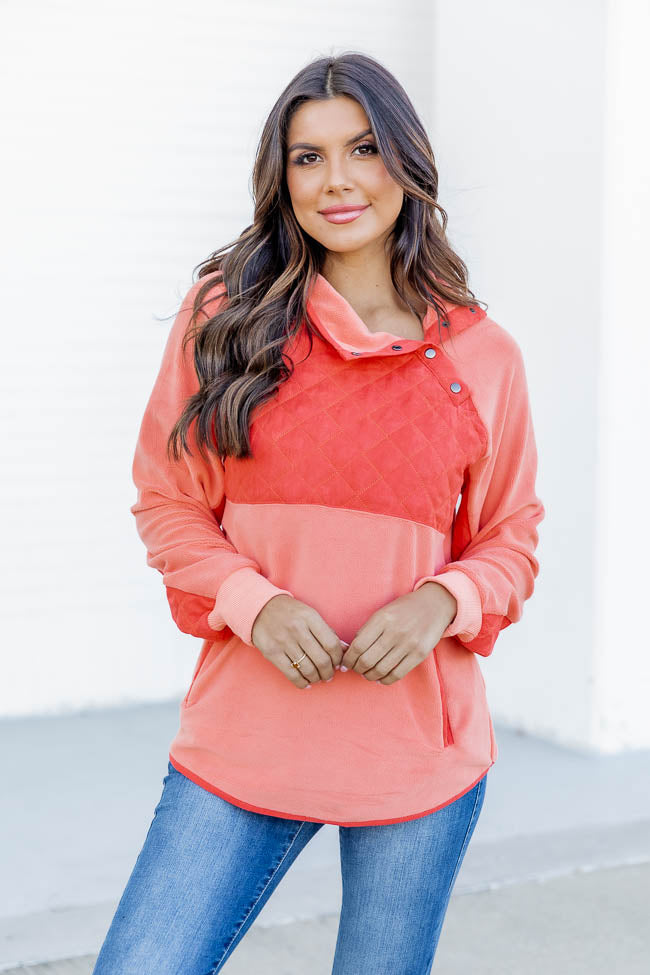 Hiding In Plain Sight Asymmetrical Orange And Coral Sherpa Pullover