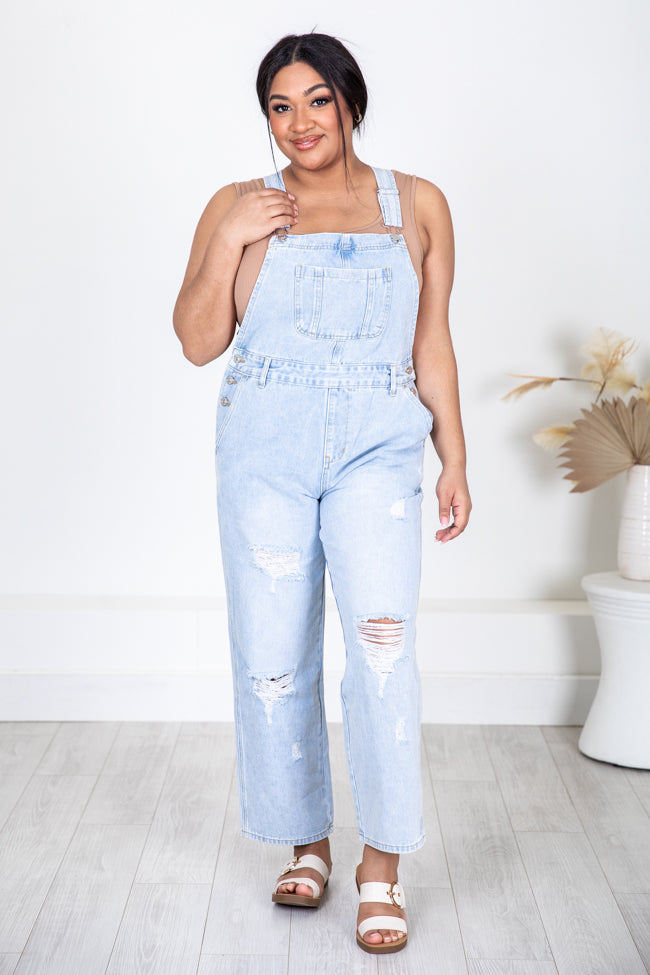 Just A Normal Girl Light Wash Distressed Straight Leg Denim Overalls