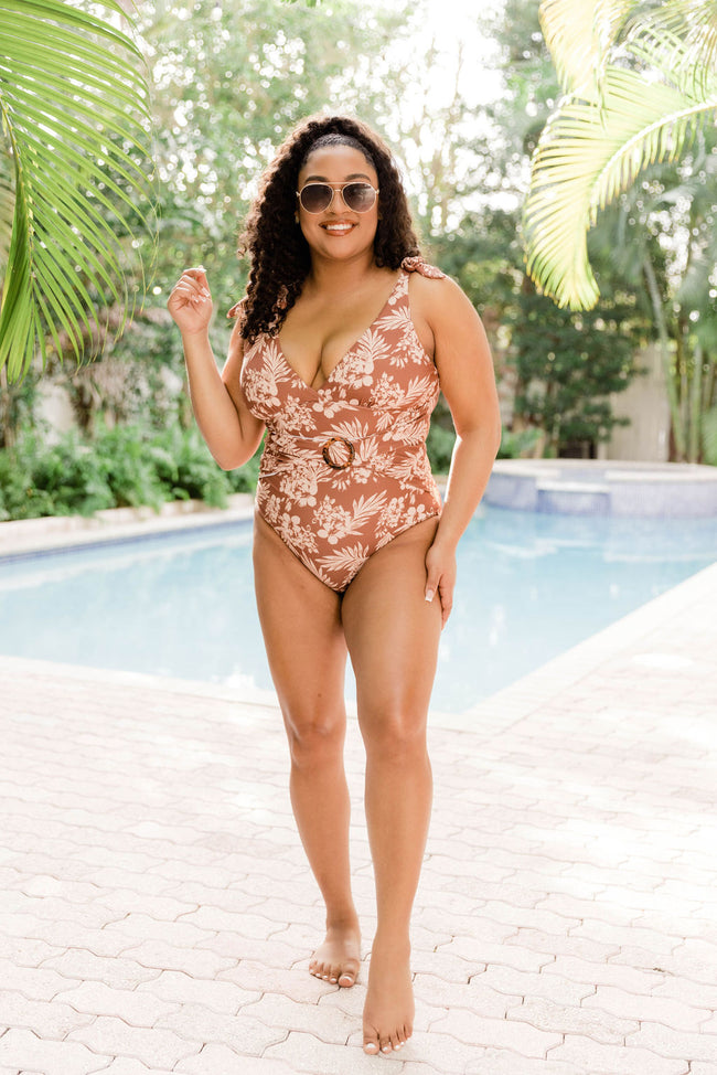 Lost In The Tropics Brown One Piece Belted Swimsuit