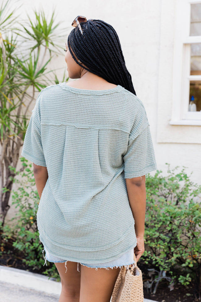 Better This Way Sage Waffle Notched Neck Blouse