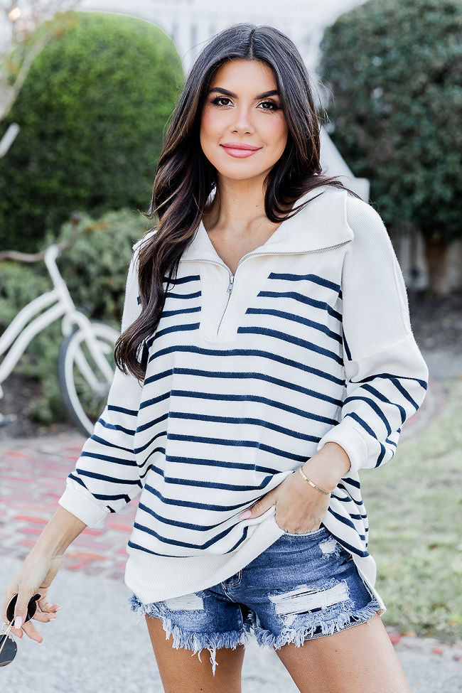Pulling Heartstrings Ivory and Navy Stripe Quarter Zip Pullover