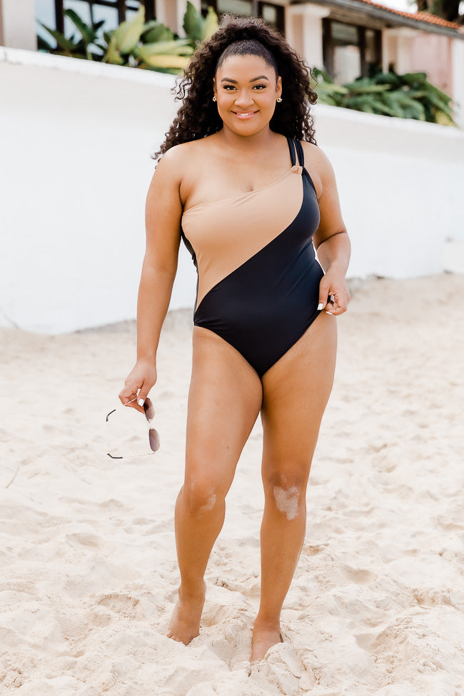 Clear Waters Black and Taupe Colorblock One Piece Swimsuit FINAL SALE