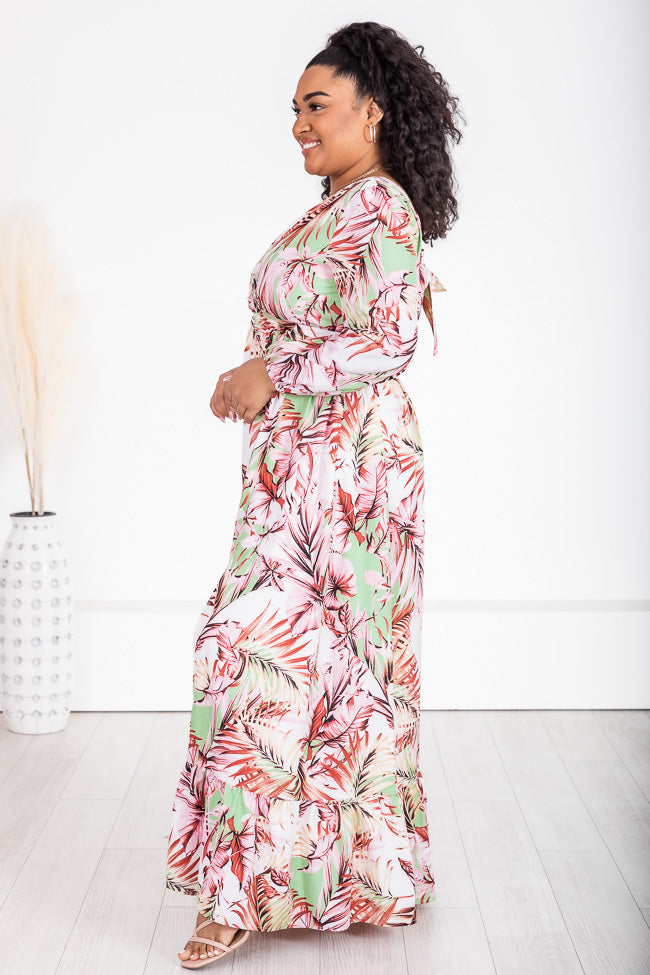 Where I Want To Be Pink and Green Tropical Printed Long Sleeve Maxi Dress FINAL SALE