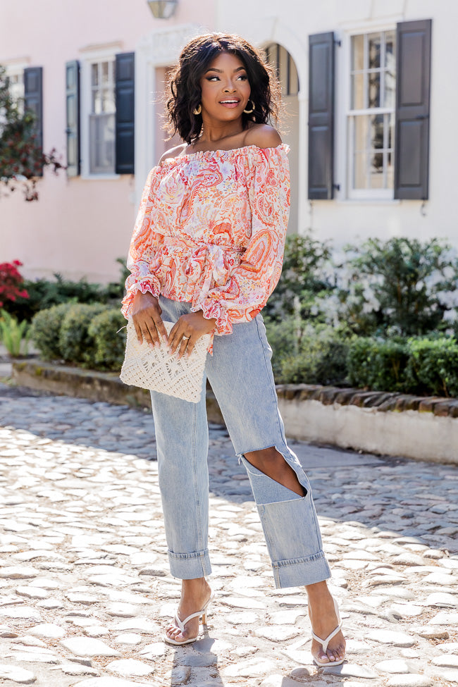 Off The Path Orange Paisley Off The Shoulder Belted Blouse FINAL SALE