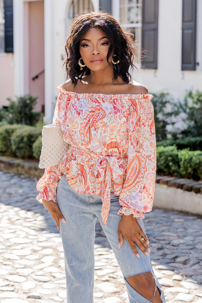 Off The Path Orange Paisley Off The Shoulder Belted Blouse FINAL SALE