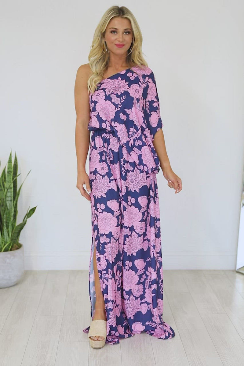 Blossom Buddy Red and Navy Blue Floral Print Maxi Dress